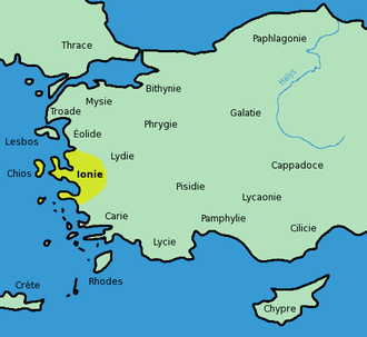 Carte représentant la position de l'Ionie en Asie mineure