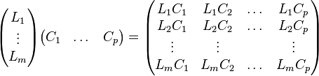  \begin{pmatrix}L_1\\\vdots\\ L_m\end{pmatrix}\begin{pmatrix}C_1&\dots&C_p\end{pmatrix}=\begin{pmatrix}
L_1C_1 & L_1C_2 & \dots & L_1C_p\\L_2C_1 & L_2C_2 & \dots & L_2C_p\\ \vdots & \vdots & & \vdots\\ L_mC_1 & L_mC_2 & \dots & L_mC_p\\\end{pmatrix}