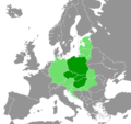 Carte : Pologne, Tchéquie, Slovaquie, Hongrie (vert foncé) ; 12 pays voisins, en tout ou partie (vert clair).