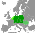 Carte : Pologne, Tchéquie, Slovaquie, Hongrie, Autriche, Allemagne, Suisse (foncé) ; Roumanie (clair) ; Bénélux (fluo).