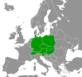 Carte où apparaissent Pologne, République tchèque, Slovaquie, Hongrie, Allemagne, Suisse, Autriche, Slovénie (en vert).