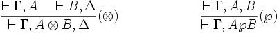 
\frac{\vdash \Gamma, A\quad\vdash B, \Delta}{\vdash \Gamma, A \otimes B,
\Delta}(\otimes)
\qquad\qquad\qquad
\frac{\vdash \Gamma, A, B}{\vdash \Gamma, A \wp B}(\wp)
