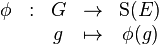 \begin{array}{ccccc}
\phi & : & G & \to & {\rm S}(E) \\
& & g & \mapsto & \phi (g) \\\end{array}
