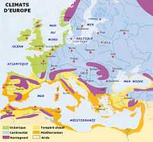 Carte : l'immense majorité de l'Europe est continentale, le nord-ouest océanique et le sud méditerranéen.