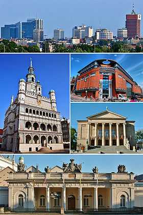 De haut en bas et de gauche à droite: Vue du centre-ville, Hôtel de ville de Poznań, Centre artistico-culturo- commercial Stary Browar, Opéra de Poznań et l'ancien Corps de garde, sis sur la Place du Vieux Marché.