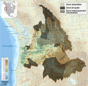 Carte topographique du bassin du Columbia montrant les zones d'accessibilité et d'inaccessibilité pour les poissons migrateurs