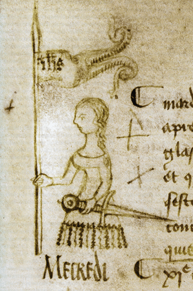 Seule représentation contemporaine connue de Jeanne d'Arc (1429), dessinée en marge d'un registre par Clément de Fauquembergue, greffier du parlement de Paris. Cette vue d'artiste figure à tort la Pucelle avec des attributs féminins (robe et cheveux longs) en sus de l'étendard et l'épée, détails plus authentiques.