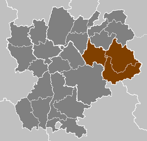 Emplacement du département de la Savoie sur une carte de la région Rhône-Alpes, découpée par départements et par arrondissements