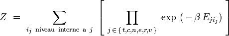 Z \ = \ \sum_{ i_j \ \mathrm{niveau \ interne \ a} \ j } \ \left[ \ \prod_{j \, \in \, \{ \, t,c,n,e,r,v \, \}} \ \exp \ ( \, - \, \beta \, E_{ji_j}) \ \right] 