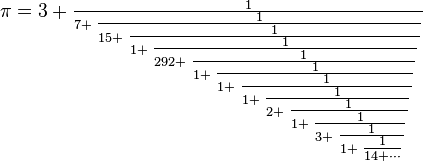 
\pi=3+\textstyle \frac{1}{7+\textstyle \frac{1}{15+\textstyle \frac{1}{1+\textstyle \frac{1}{292+\textstyle \frac{1}{1+\textstyle \frac{1}{1+\textstyle \frac{1}{1+\textstyle \frac{1}{2+\textstyle \frac{1}{1+\textstyle \frac{1}{3+\textstyle \frac{1}{1+\textstyle \frac{1}{14+\cdots}}}}}}}}}}}}
