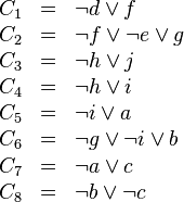 
\begin{array}{rcl}
C_1 & = &  \neg d \lor f \\
C_2 & = &  \neg f \lor \neg e \lor g\\
C_3 & = &  \neg h \lor j \\
C_4 & = &  \neg h \lor i \\
C_5 & = &  \neg i \lor a \\
C_6 & = &  \neg g \lor \neg i \lor b \\
C_7 & = &  \neg a \lor c \\
C_8 & = &  \neg b \lor \neg c
\end{array}
