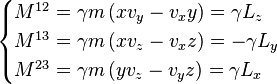 \begin{cases} 
M^{12} = \gamma m\left(xv_y-v_x y\right)=\gamma L_z \\
M^{13} = \gamma m\left(xv_z-v_x z\right)=-\gamma L_y \\ 
M^{23} = \gamma m\left(yv_z-v_y z\right)=\gamma L_x 
\end{cases}