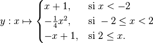 y : x \mapsto \begin{cases} x + 1, & \mbox{si } x < -2 \\ - \frac{1}{4} x^2, & \mbox{si } -2 \le x < 2 \\ -x + 1, & \mbox{si } 2 \le x.\end{cases} 