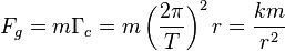  F_g = m \Gamma_c = m \left(\frac{2\pi}{T}\right)^2 r =\frac{k m}{r^2}