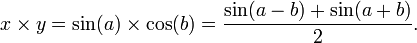  x \times y=\sin(a)\times \cos(b)=\frac{\sin(a-b)+\sin(a+b)}{2}.