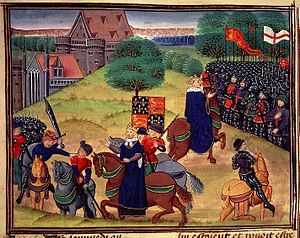 Enlumineure médiévale représentant plusieurs cavaliers dans une plaine entre deux groupes de soldats en armure. L'un des cavaliers en frappe un autre avec un sabre courbé.