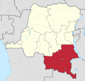 Localisation du Katanga (en rouge) à l'intérieur de la République démocratique du Congo.