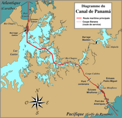 Carte du canal de Panama ; le lac Gatún est visible sur la gauche de la carte.