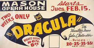 Affiche ancienne du « Mason Opera House » avec une chauve-souris aux ailes ouvertes, noire avec écrit Dracula en lettres jaunes sur le corps