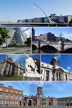 De haut en bas et de gauche à droite : pont Samuel Beckett ; Convention Center ; IFSC ; Four Courts ; Custom House ; château de Dublin.