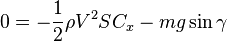 0 = -{1 \over 2} \rho V^2 S C_x -mg \sin\gamma