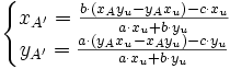 \left \{ \begin{matrix}
x_{A'} = \frac{b \cdot (x_A y_u - y_A x_u) - c \cdot x_u}{a \cdot x_u + b \cdot y_u}\\
y_{A'}  = \frac{a \cdot (y_A x_u - x_A y_u) - c \cdot y_u}{a \cdot x_u + b \cdot y_u}
\end{matrix} \right.