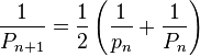 \frac{1}{P_{n+1}} = \frac12 \left(\frac{1}{p_n} + \frac{1}{P_n}\right)