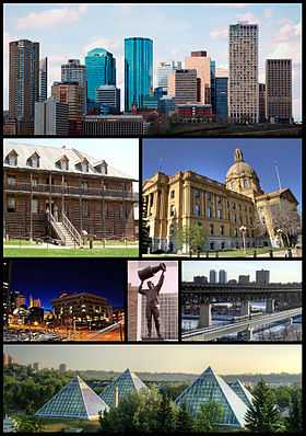 De haut en bas et de gauche à droite : quartier d'affaires, Fort Edmonton Park, parlement de l'Alberta, palais de justice, Rexall Place, pont High Level et Muttart Conservatory.