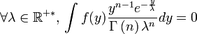 \forall \lambda\in\R^{+*}, \, \int f(y) \frac{{y^{n  - 1}  e^{ - \frac{y}{\lambda }} }}{{\Gamma \left( n  \right)  \lambda ^n  }} dy=0