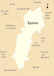 carte montrant les contours de la commune d'Épône (en beige clair) et des communes environnantes (en ocre clair).