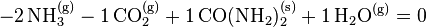 \rm -2\,NH_{3}^{(g)} - 1\,CO_{2}^{(g)} + 1\,CO(NH_{2})_{2}^{(s)} + 1\,H_2O^{(g)} = 0