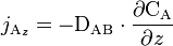 j_{\mathrm{A}_z} = -\mathrm{D_{AB}}\cdot \frac{\partial \mathrm{C_A}}{\partial z}