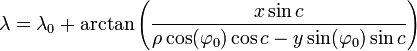 \lambda = \lambda_0 + \arctan\left({x\sin c \over \rho\cos(\varphi_0) \cos c - y\sin(\varphi_0)\sin c}\right)