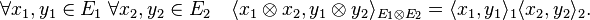 \forall x_1,y_1\in E_1 \; \forall x_2,y_2\in E_2 \quad \langle x_1\otimes x_2,y_1\otimes y_2\rangle_{E_1\otimes E_2}=\langle x_1,y_1\rangle_1 \langle x_2,y_2\rangle_2.