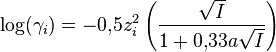 \log  (\gamma_i) = - 0{,}5 z_i^2 \left ( \frac{\sqrt{I}}{1 + 0{,}33 a \sqrt{I}} \right ) \,\!