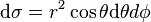 \mathrm d\sigma=r^2\cos\theta\mathrm d\theta d\phi