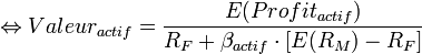  \Leftrightarrow{Valeur_{actif} = \frac{E(Profit_{actif})}{R_F + \beta_{actif}\cdot [E(R_M) - R_F]}} 