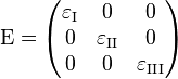 \mathrm{E} = \begin{pmatrix} 
\varepsilon_\mathrm{I} & 0 & 0 \\
0 & \varepsilon_\mathrm{II} & 0 \\
0 & 0 & \varepsilon_\mathrm{III} \\
\end{pmatrix}
