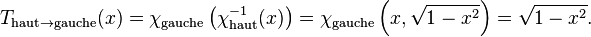  T_{\mathrm{haut}\rightarrow\mathrm{gauche}}(x) = \chi_{\mathrm{gauche}}\left(\chi_{\mathrm{haut}}^{-1}(x)\right) = \chi_{\mathrm{gauche}}\left(x, \sqrt{1-x^2}\right) = \sqrt{1-x^2}.