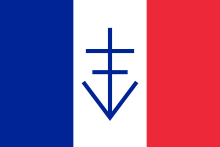 Drapeau bleu-blanc-rouge avec une croix de Lorraine plantée dans un V bleus sur la bande verticale blanche