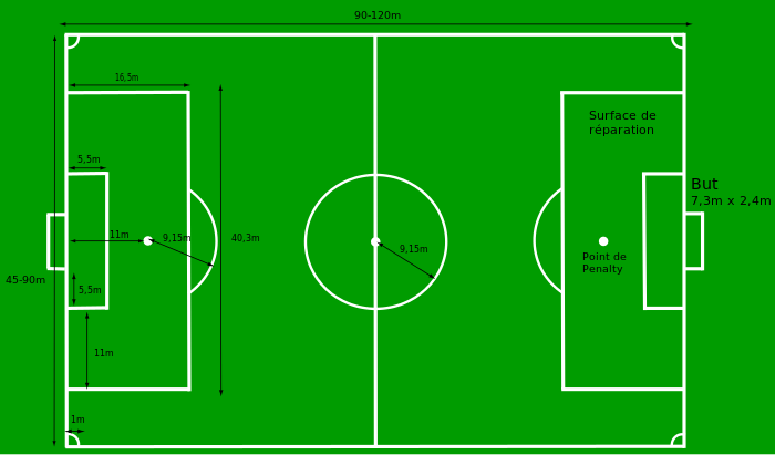 Dessin en couleur du terrain de football sur lequel les dimensions principales sont inscrites.