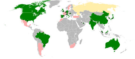 Mappemonde représenté les pays hébergeant un Grand Prix, ceux qui n'en organisent plus et ceux qui projettent de le faire.