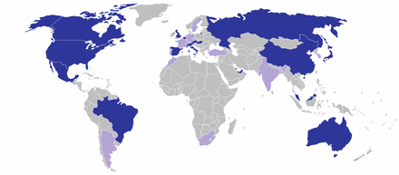 Mappemonde représentant les pays où des Grands Prix ont ou ont eu lieu.