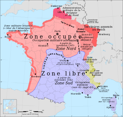 Une carte représentant la division du territoire français, durant la Seconde Guerre mondiale, entre une zone libre correspondant à un large tiers sud-est du pays et une zone occupée correspondant au nord du pays et au littoral atlantique.