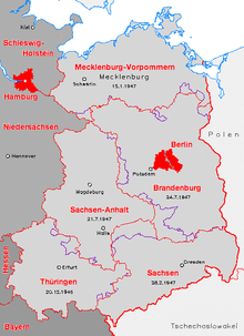 Frontières des cinq « Länder » est-allemand en 1947 (traits noirs) et après la réunification en 1990 (traits rouges).