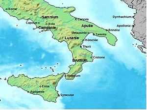 Carte du sud de l'Italie indiquant Thourioi, dans le golfe de Tarente