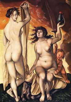 tableau représentant deux femmes nues accompagnées d'une jeune démon et d'un bouc, devant un ciel où monte une fumée noire et rouge
