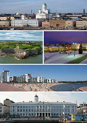 De haut en bas et de gauche à droite : cathédrale, Suomenlinna, place du Sénat, plage d'Aurinkolahti et hôtel de ville.