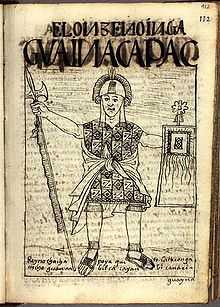 Huayna Cápac sur un dessin de Felipe Guamán Poma de Ayala dans Nueva crónica y buen gobierno (1615).