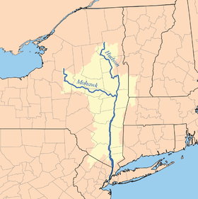 Le cours du fleuve Hudson, et celui de son principal affluent, la rivière Mohawk.